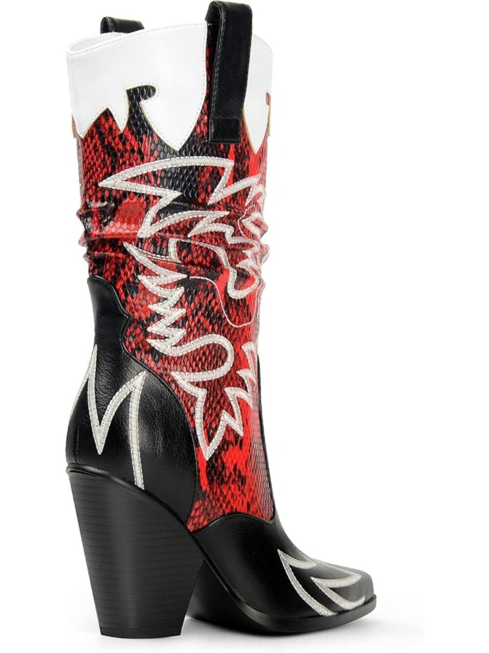 Women Black and Red Faux Leather Mid Calf Embroidery Pointed Toe Cowboy Boots - Picture 4 of 7